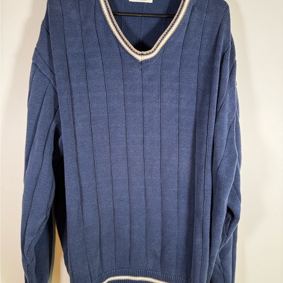 Vintage 90s Lee Sport Men’s XL Blue Ribbed V-Neck Sweater Striped Trim Preppy - Picture 2 of 7